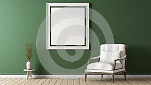 Simplified Colors: White Armchair Against Green Wall With Empty Frame