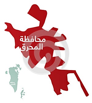 Simplified map of Al Muharraq Governorate in the Kingdom of Bahrain with Arabic for `Al Muharraq Governorate` .