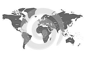 Simplified map of World in grey with country name labeling. Schematic vector map with small states or ministates