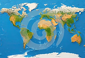 a simplified representation of a world map. Vector style, 3D rendering, World map bas-relief vector style