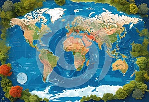 a simplified representation of a world map. Vector style, 3D rendering, World map bas-relief vector style