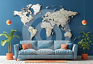 a simplified representation of a world map. Vector style, 3D rendering, World map bas-relief vector style