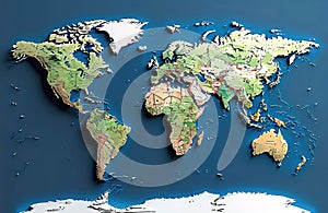 a simplified representation of a world map. Vector style, 3D rendering, World map bas-relief vector style