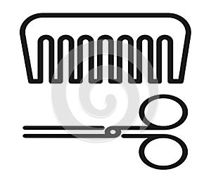 Simplified simple outline shapes of a pair of scissors and a comb white backdrop