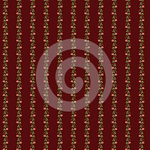 Simplified small floral background Vertical borders of pink rose flowers on a dark wine-red brown background Ditsy girl dress