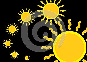 Simplified symbol shapes of seven suns aligned in an arc with focus on the closet seventh sun black backdrop