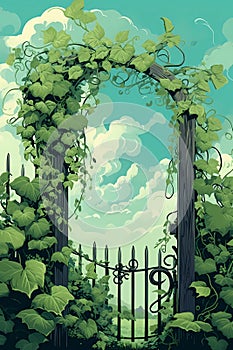 Simplified Vector Graphic Illustration of green vines growing around a gate (Generative AI)