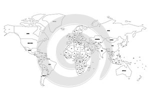 Simplified vector map of World. Thin black outline on white background