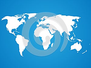 Simplified white world map silhouette on blue background