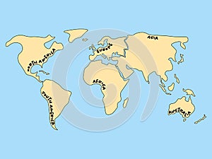 Simplified world map divided to six continents. Yellow lands and blue water.