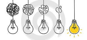 Simplify complex process. Tangled scribble wires with light bulbs from difficult to simple, clarifying idea and complex