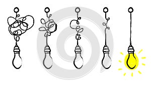 Simplifying the complex, confusion clarity or path vector idea concept with lightbulbs doodle illustration photo