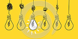 Simplifying complex process concept. Doodle lightbulb on yellow background, unclear idea abstract curve drawing. Vector photo
