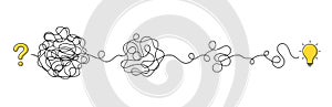 Simplifying complex process, problem solution and idea searching concept. Messy continuous lines in tangles. Process of problem