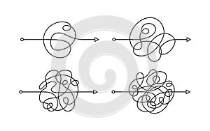 Simplifying process. Scribble chaos lines with arrows. Process of understanding. Difficult way to solve problems in