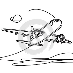 A simplistic airplane sketch is depicted on a plain white background.