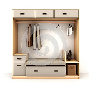 Simplistic Cartoon Wardrobe Cabinet With Bench - Gray And Beige