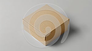 Simplistic design on a blank mockup of a kraft paper shipping box featuring a small logo and Open Here instruction