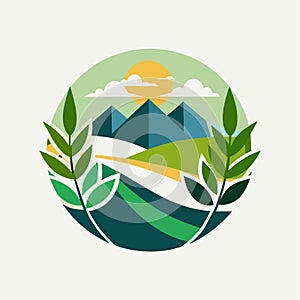 Simplistic green and blue logo featuring mountains as the background, A minimalistic representation of nature, minimalist simple