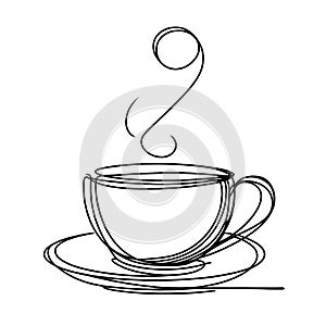 A simplistic line drawing of a steaming cup of coffee on a saucer.