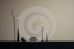 Simplistic Minimalist eucalyptus table burning candles. Generate Ai