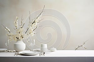 Simplistic Minimalist eucalyptus table decor candles. Generate Ai