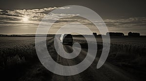 Simplistic Van Driving On Dirt Road: A Monochromatic Photojournalistic Capture