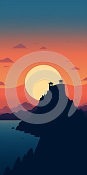 Simplistic Vector Art: Oceanscape With Temples - Chinese Landscape Wallpaper