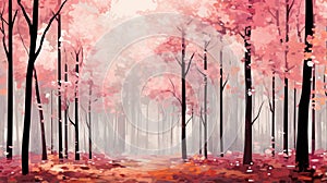 Simplistic Vector Art: Pink Trees In Forest Landscape Painting