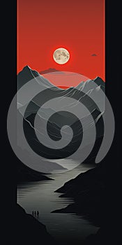 Simplistic Vector Art Print: Mountain View With Dark Red Sun