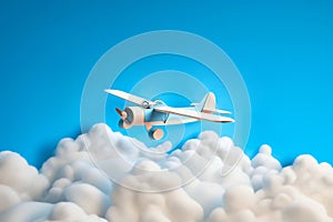 A simplistic white children's toy aeroplane flying above white fluffy clouds in a clear blue sky with copy space