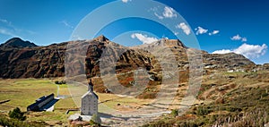 Simplon pass, alpine landscape of a mountain pass with church an