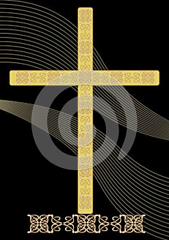Simply gold funereal decoration with filigree decorated crucifix and wavy light elements on black background, burial