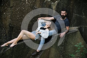 Simply in love. Couple in love on summer vacation. woman and bearded man on natural landscape. Sensual couple on