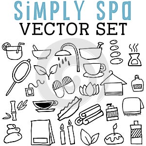 Simply Spa Vector Set with drinks, mugs, showerheads, mirrors, candles, bathroom products, towels, and bamboo.