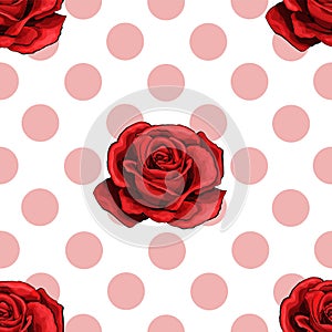 Simply vector seamless pattern of light pink rose circles on a white background