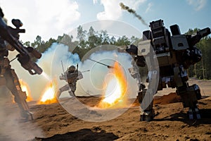 simulated battlefield, with robotic soldiers engaged in firefight