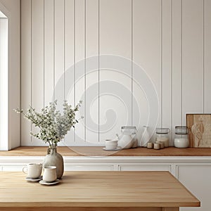 Simulated kitchen corner with empty wooden walls Bohemian or minimalist style with white or cream tone decorations