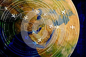 Simulated screen showing different flights for transport and passengers with the world as a background