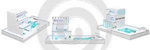 Simulated swimming pool three storey building cartoon model pastel blue  set included 3d illustration isolated on a white