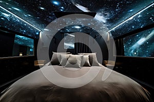 simulated zero-gravity bedroom, with floating sheets and pillows, and starry night sky visible through the window