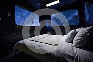 simulated zero-gravity bedroom, with floating sheets and pillows, and starry night sky visible through the window