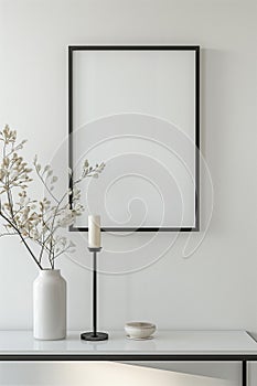 The simulation of a black frame with a white coating contrasts with the plain white wall. and simple furniture