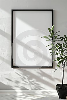 The simulation of a black frame with a white coating contrasts with the plain white wall. and simple furniture