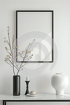 The simulation of a black frame with a white coating contrasts with the plain white wall. and simple furniture