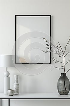 The simulation of a black frame with a white coating contrasts with the plain white wall. and simple furniture