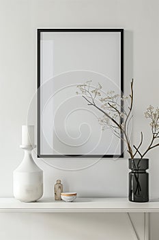 The simulation of a black frame with a white coating contrasts with the plain white wall. and simple furniture