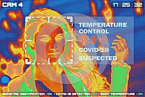 Simulation of body temperature check by thermoscan or infrared thermal camera photo