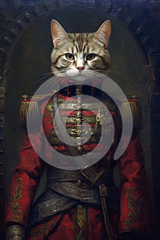 Simulation of a classic oil painting of a cat in military clothing in the old renaissance style