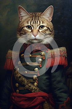 Simulation of a classic oil painting of a cat in military clothing in renaissance style